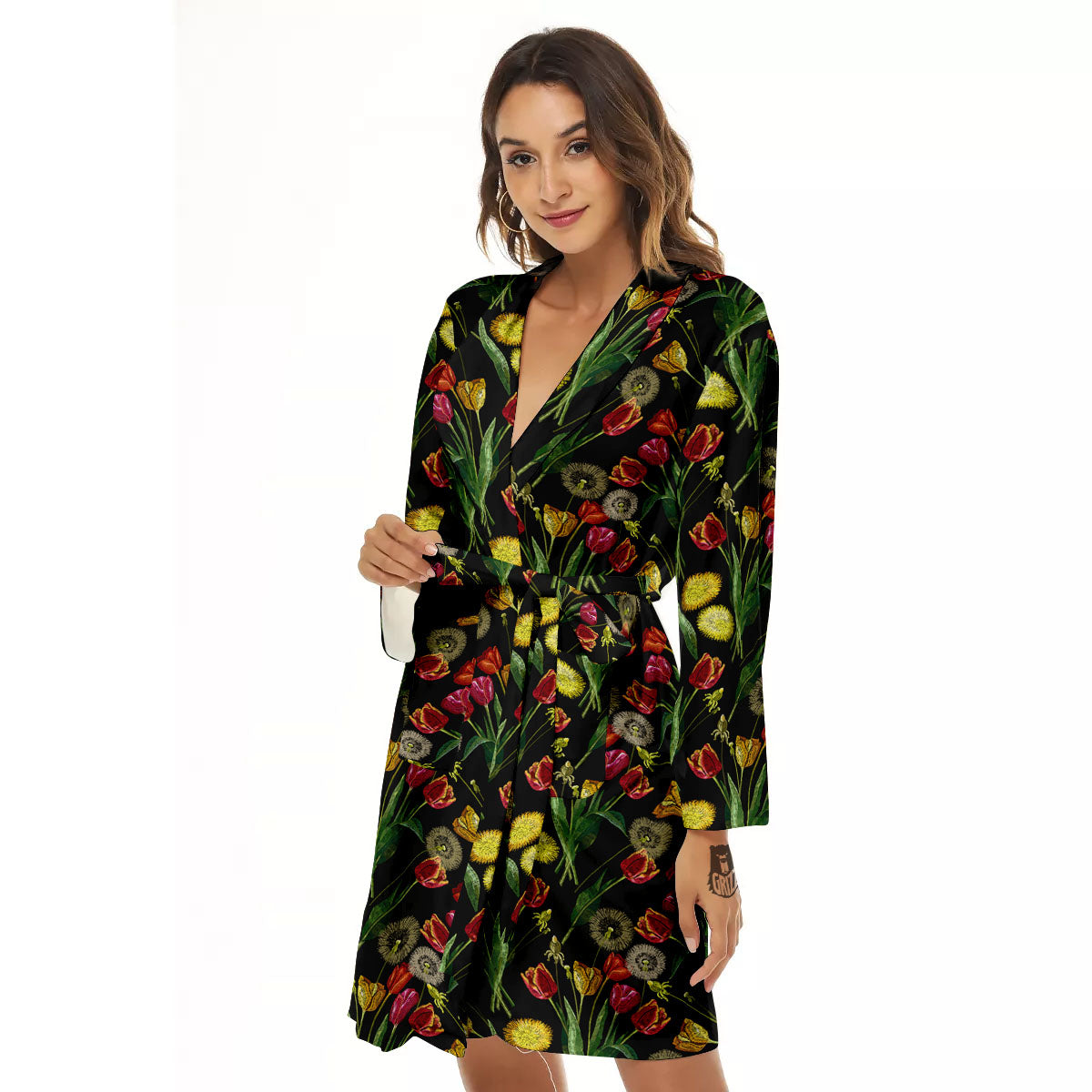 Tulip Embroidery Print Pattern Women's Robe-grizzshop