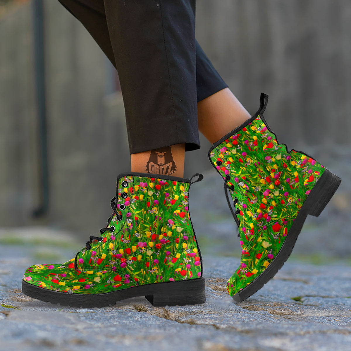 Tulip Field Print Pattern Leather Boots-grizzshop