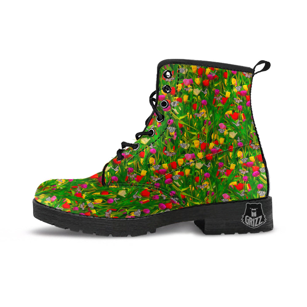 Tulip Field Print Pattern Leather Boots-grizzshop