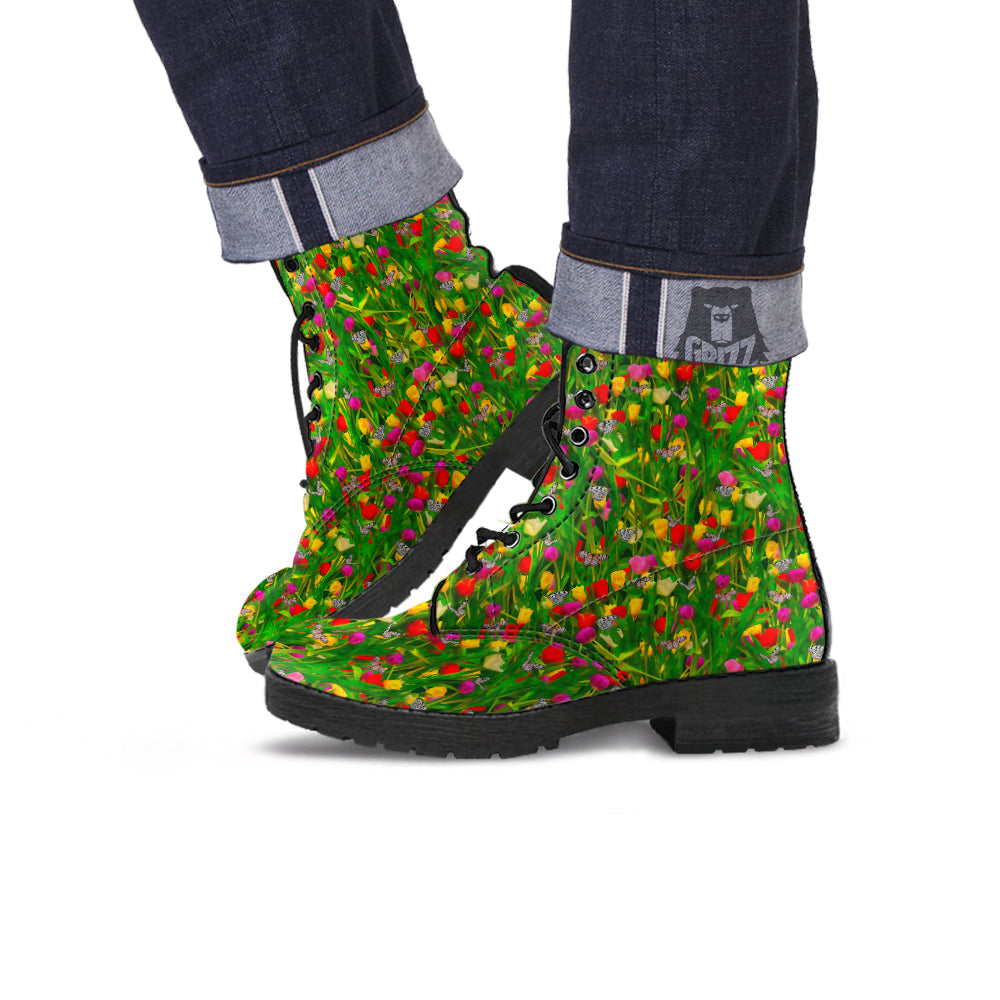 Tulip Field Print Pattern Leather Boots-grizzshop