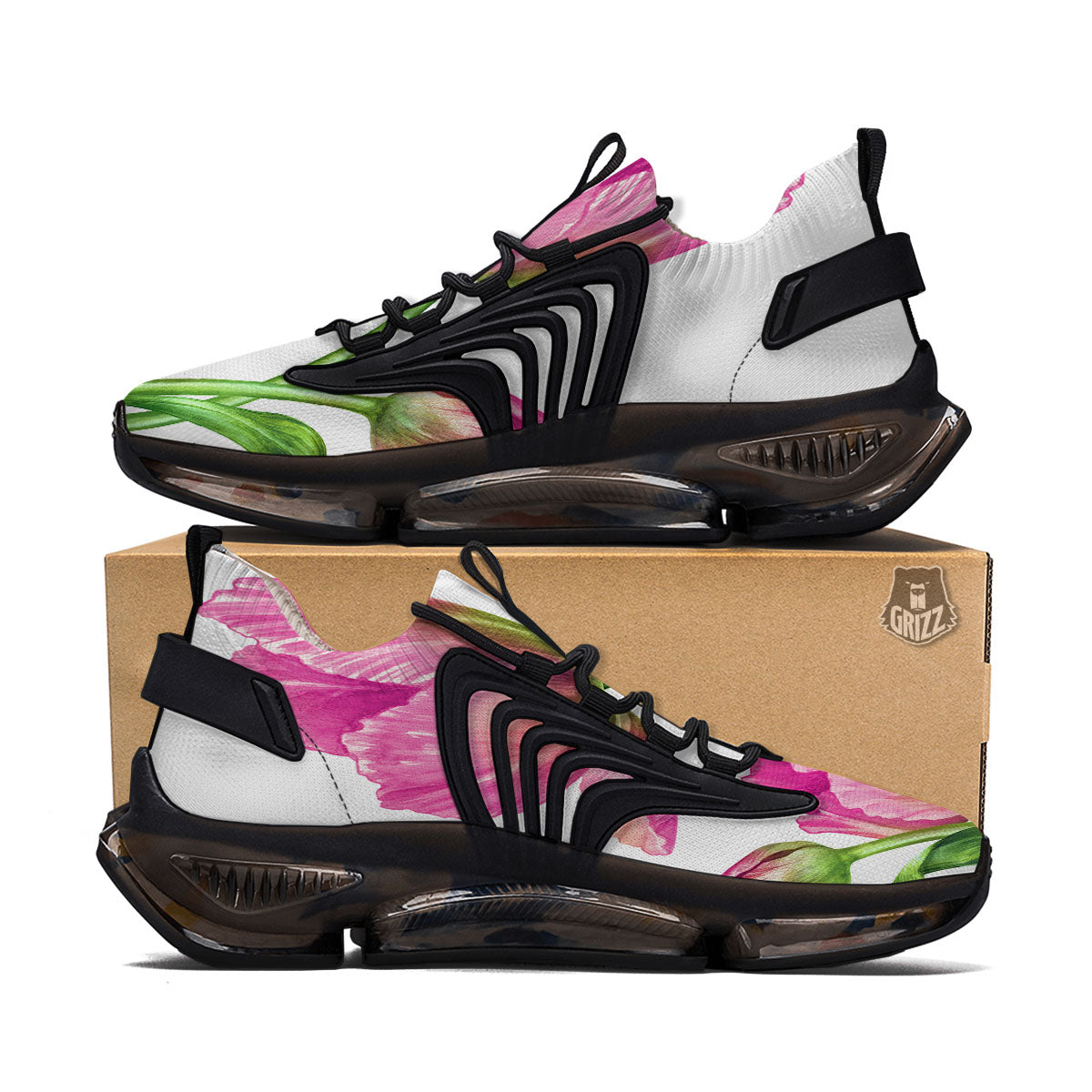 Tulip Flower Pink Watercolor Print Black Gym Shoes-grizzshop