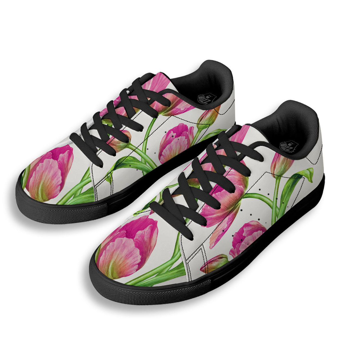 Tulip Flower Pink Watercolor Print Black Low Top Sneakers-grizzshop