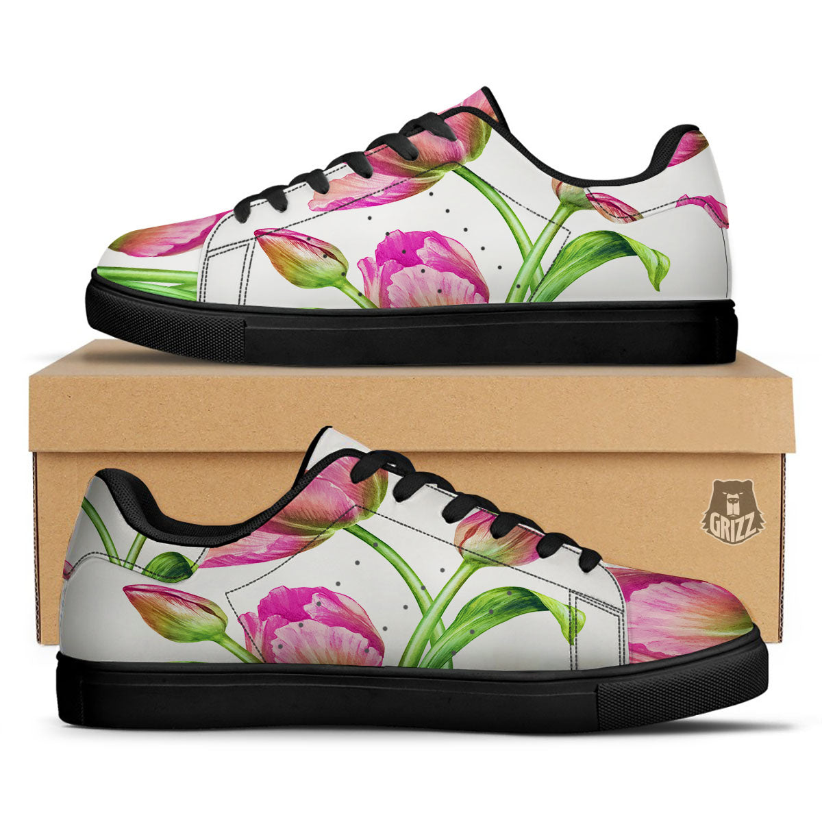 Tulip Flower Pink Watercolor Print Black Low Top Sneakers-grizzshop