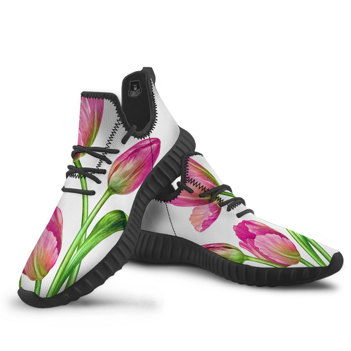 Tulip Flower Pink Watercolor Print Black Walking Shoes-grizzshop
