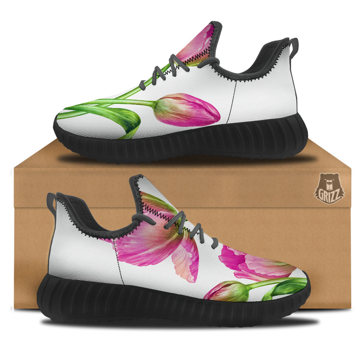 Tulip Flower Pink Watercolor Print Black Walking Shoes-grizzshop