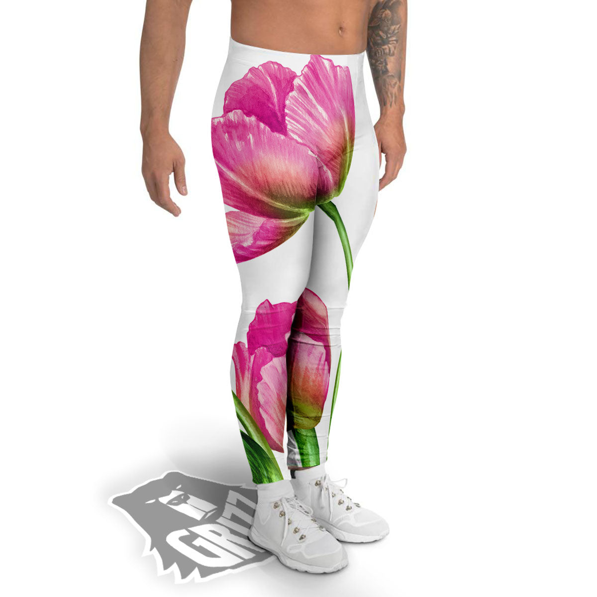 Tulip Flower Pink Watercolor Print Men's Leggings-grizzshop