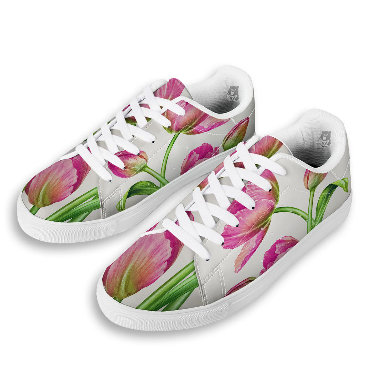 Tulip Flower Pink Watercolor Print White Low Top Sneakers-grizzshop