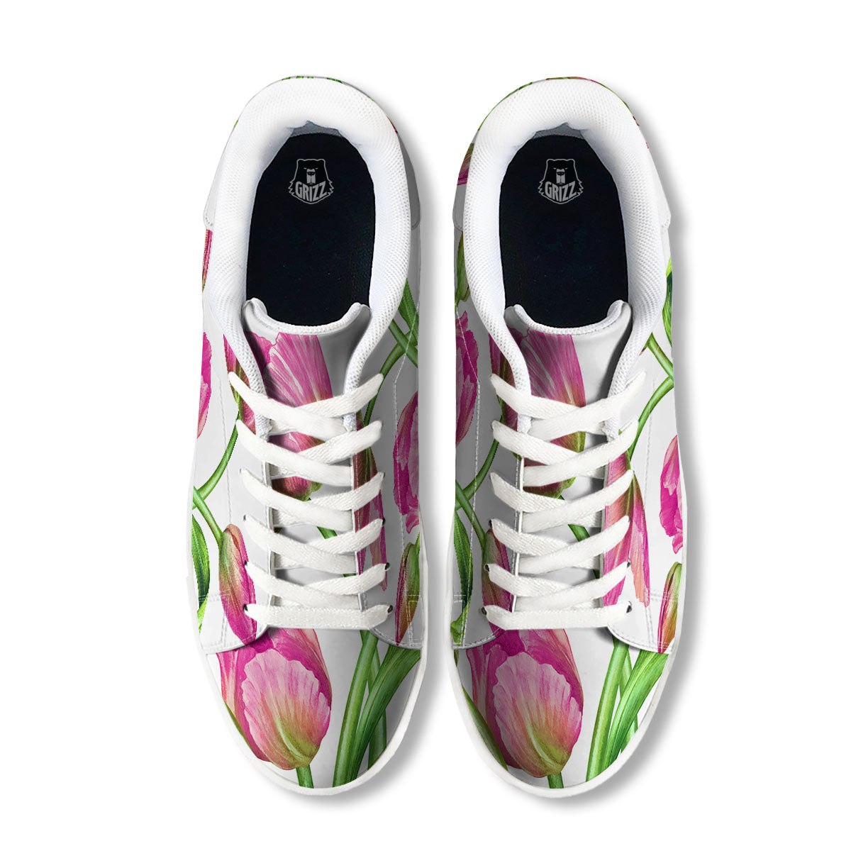 Tulip Flower Pink Watercolor Print White Low Top Sneakers-grizzshop