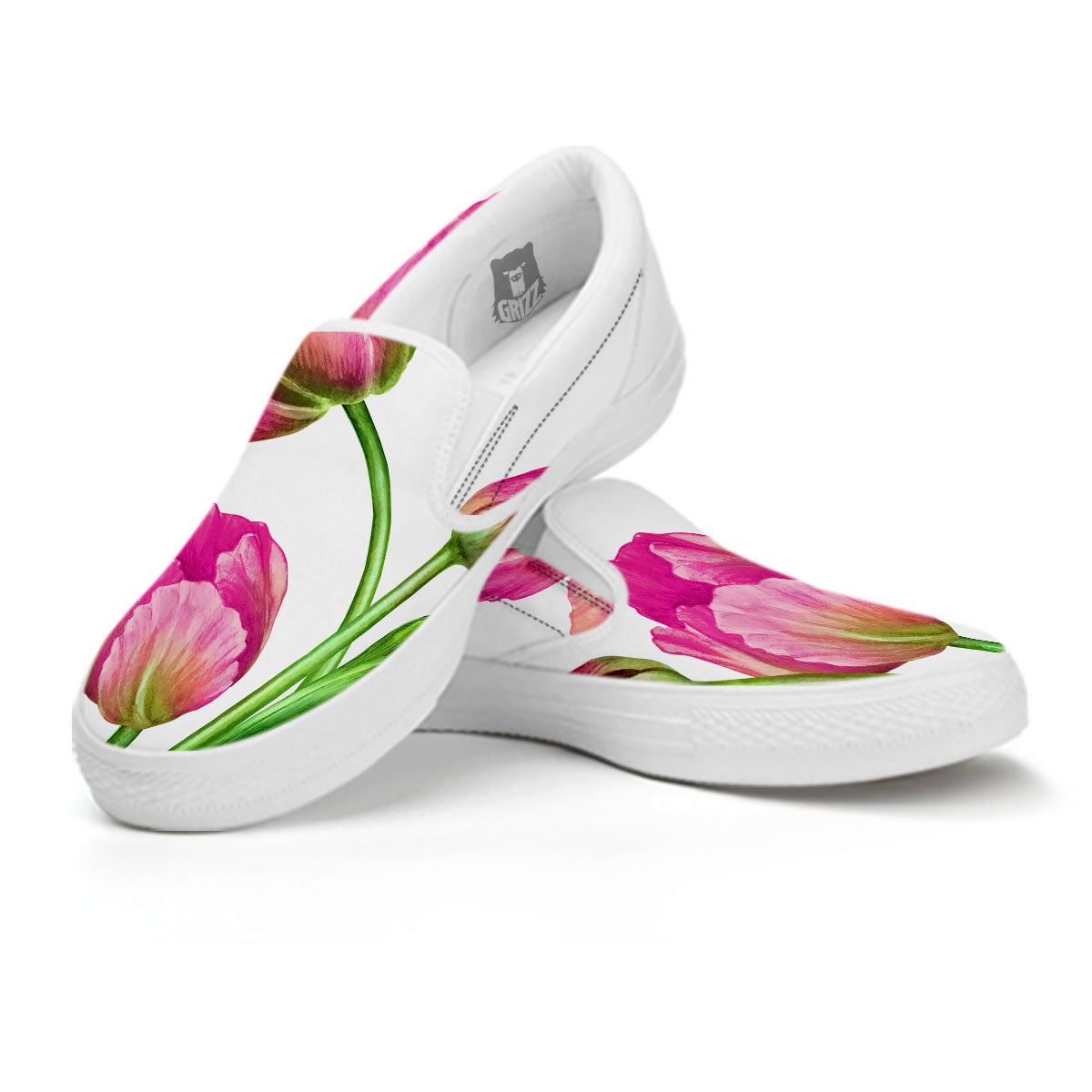 Tulip Flower Pink Watercolor Print White Slip On Shoes-grizzshop
