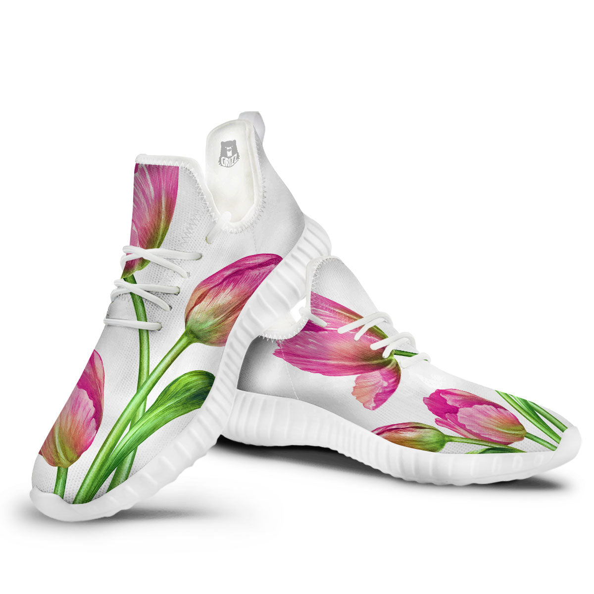 Tulip Flower Pink Watercolor Print White Walking Shoes-grizzshop