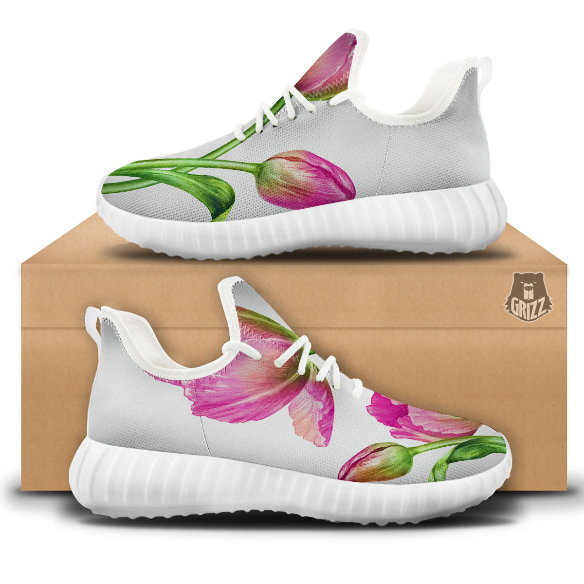 Tulip Flower Pink Watercolor Print White Walking Shoes-grizzshop