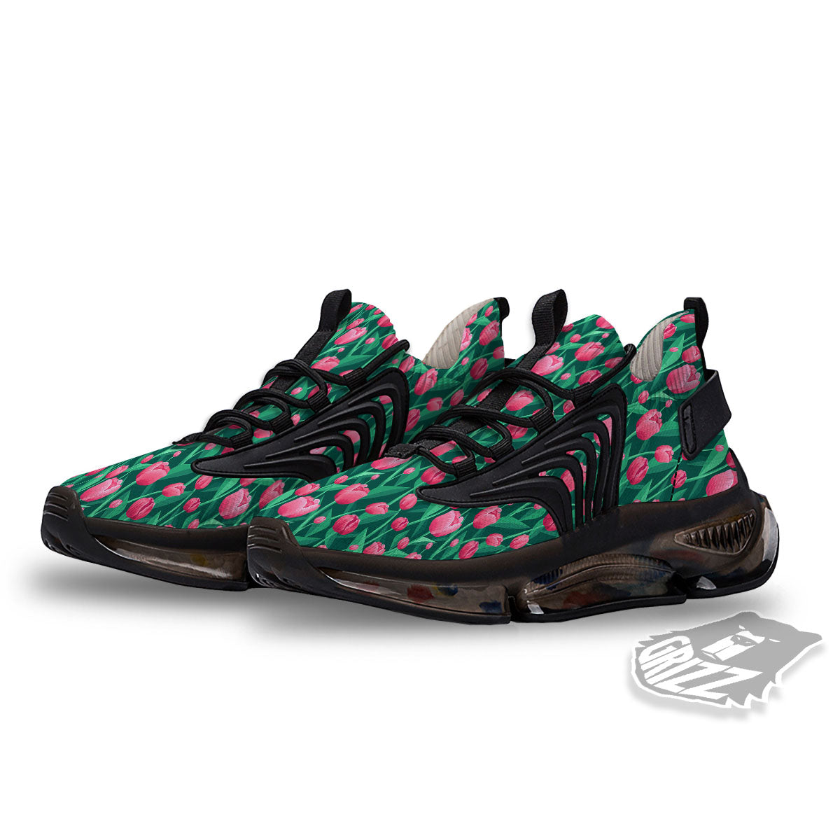 Tulip Pink Print Pattern Black Gym Shoes-grizzshop