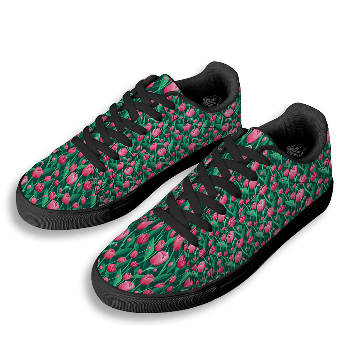 Tulip Pink Print Pattern Black Low Top Sneakers-grizzshop