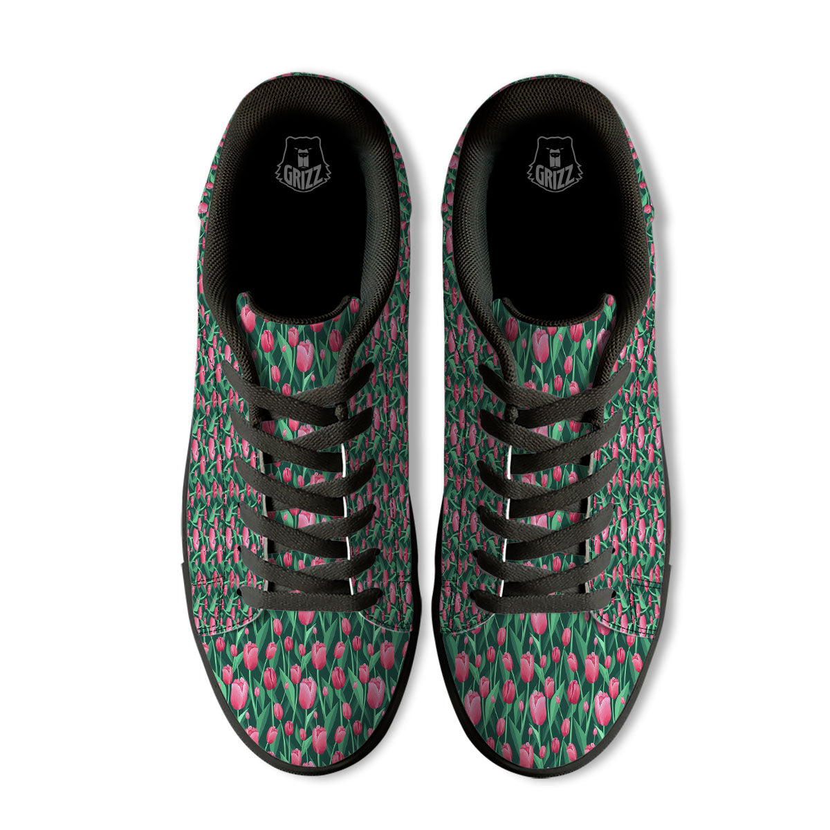 Tulip Pink Print Pattern Black Low Top Sneakers-grizzshop