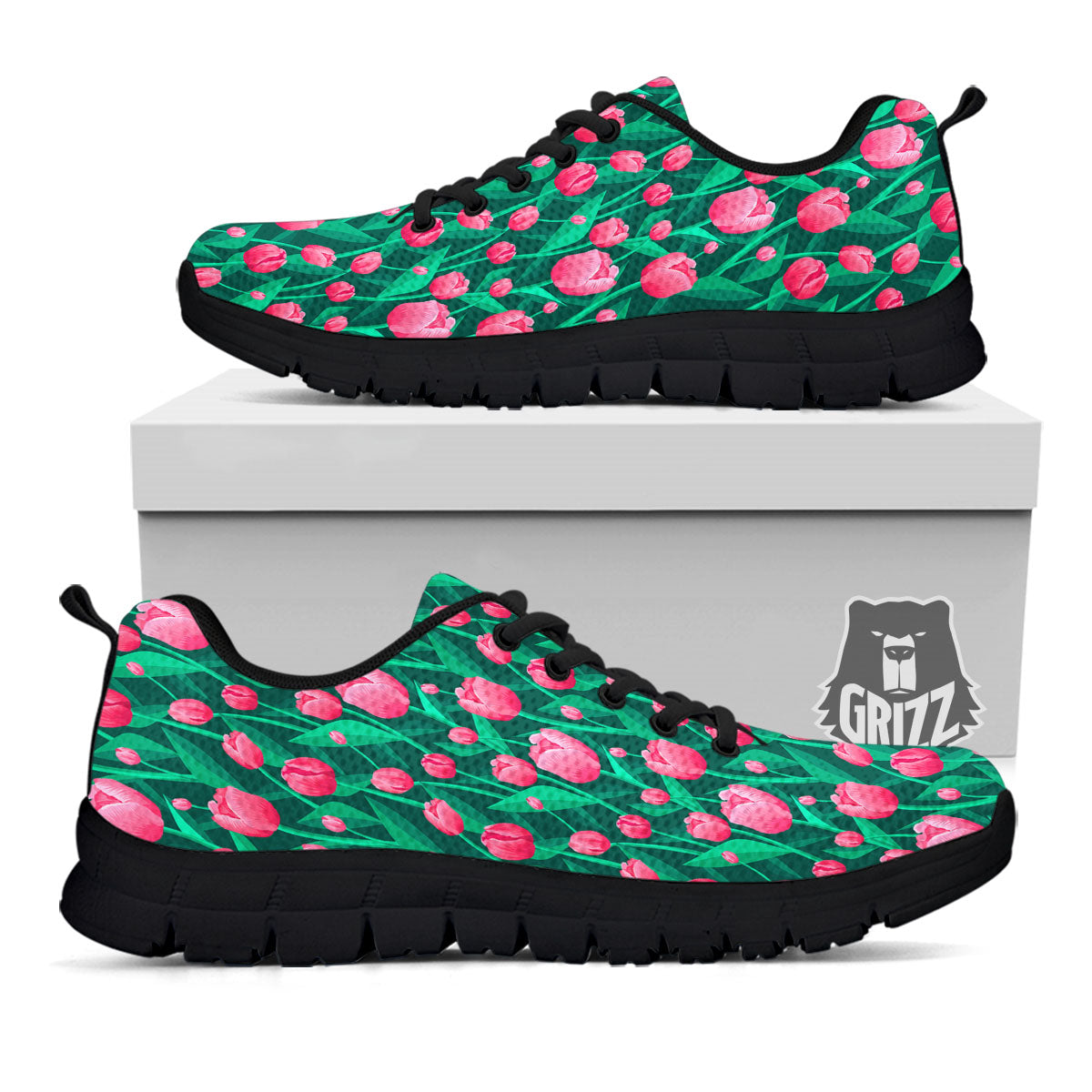 Tulip Pink Print Pattern Black Sneaker-grizzshop