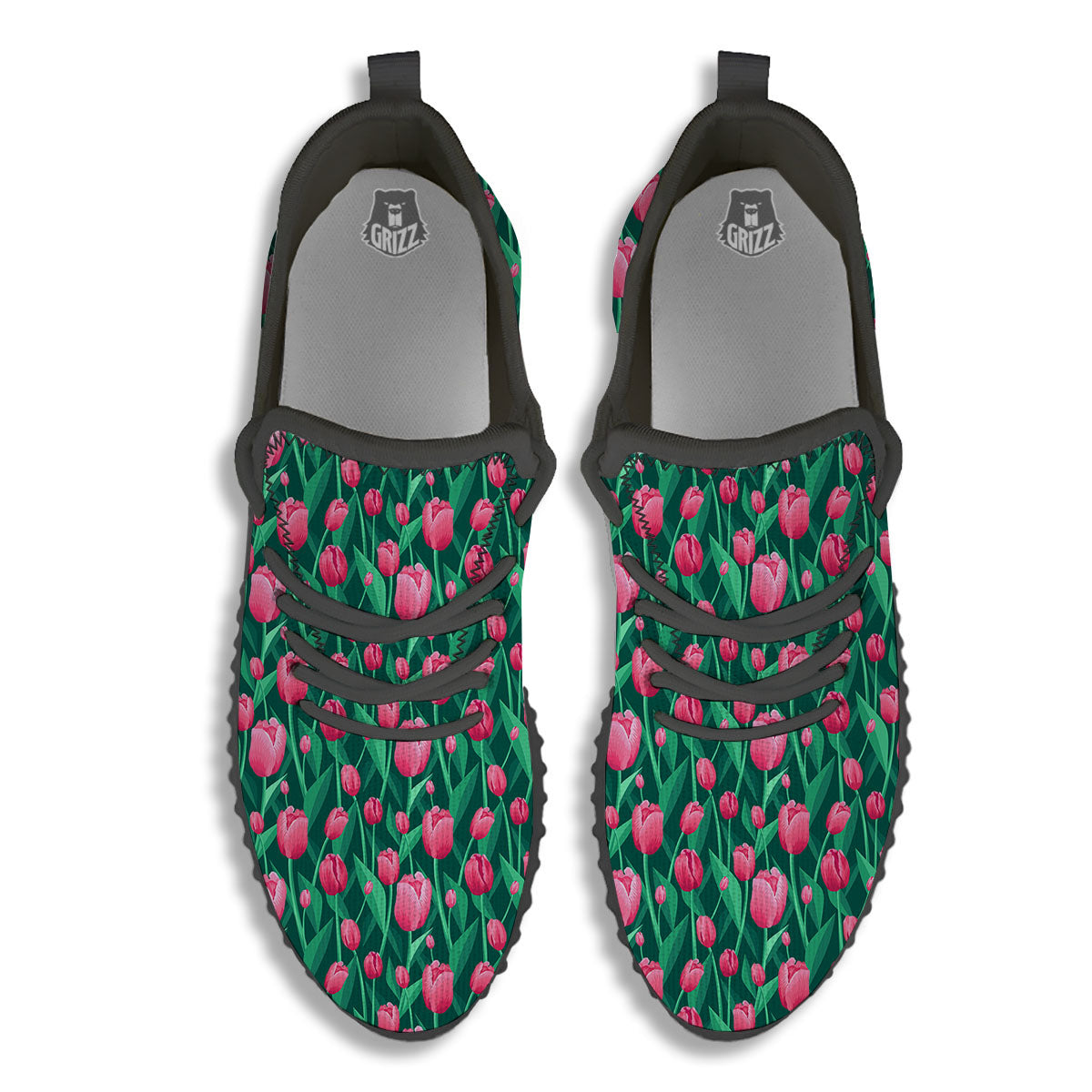 Tulip Pink Print Pattern Black Walking Shoes-grizzshop