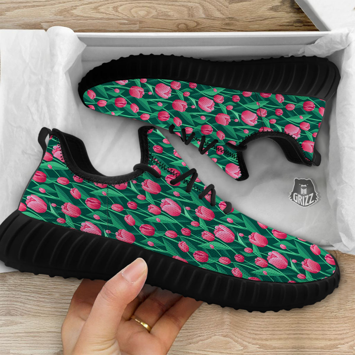 Tulip Pink Print Pattern Black Walking Shoes-grizzshop