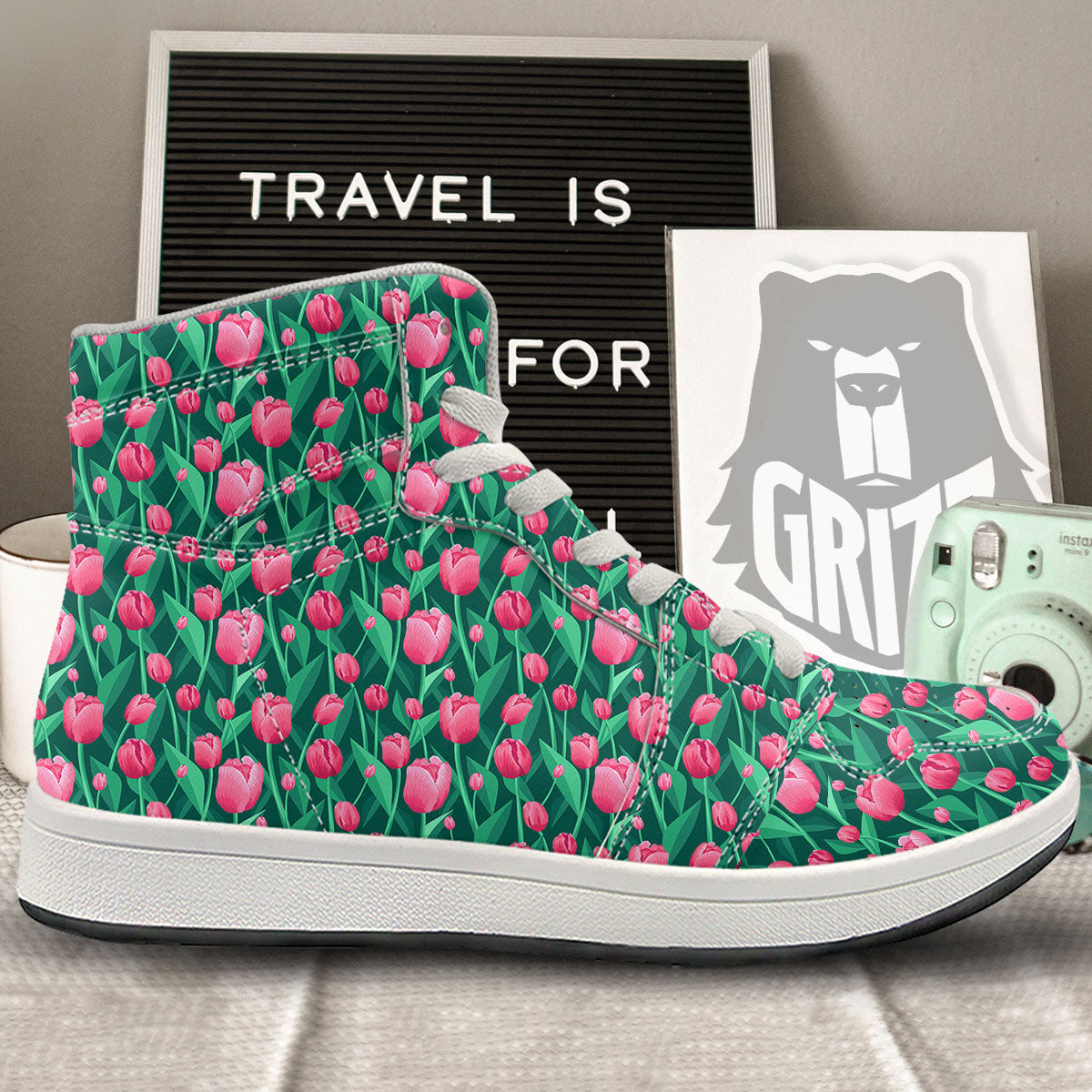 Tulip Pink Print Pattern High Top Sneakers-grizzshop