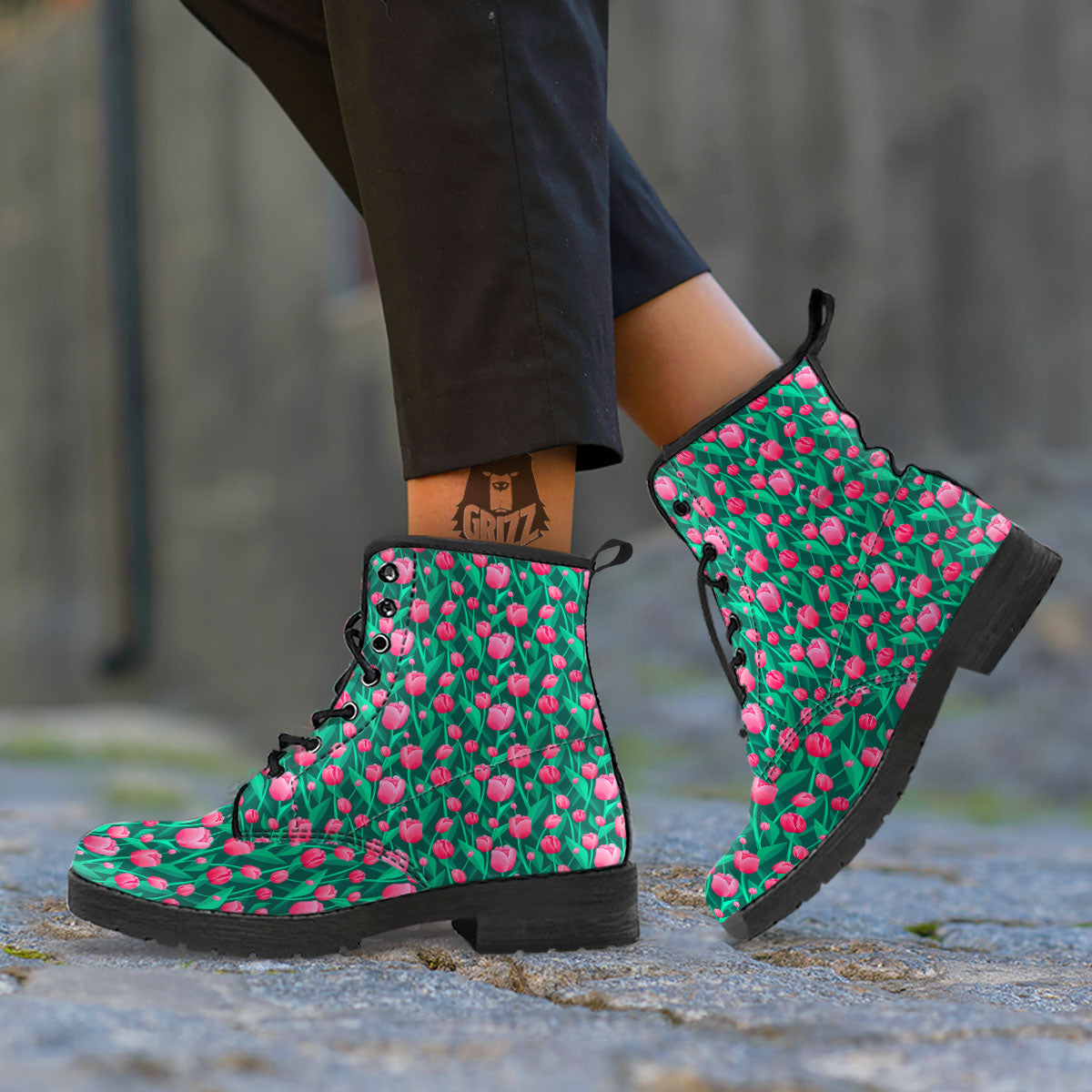 Tulip Pink Print Pattern Leather Boots-grizzshop