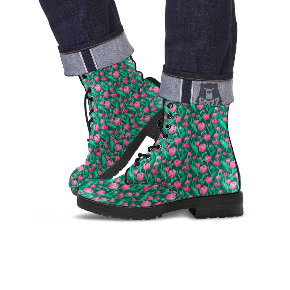 Tulip Pink Print Pattern Leather Boots-grizzshop