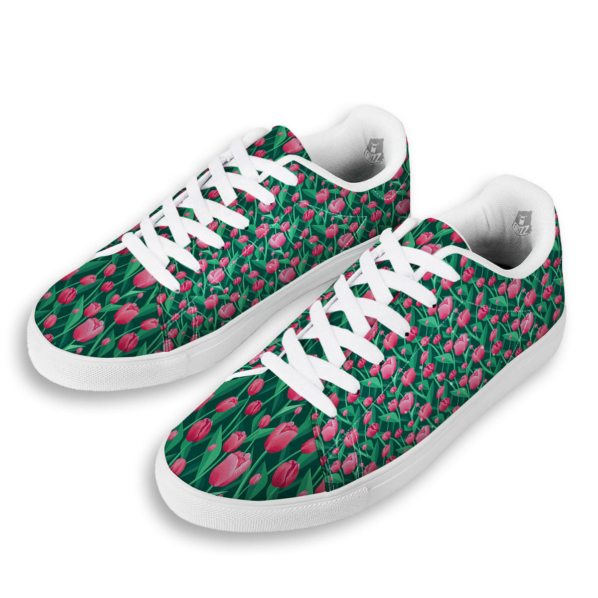 Tulip Pink Print Pattern White Low Top Sneakers-grizzshop