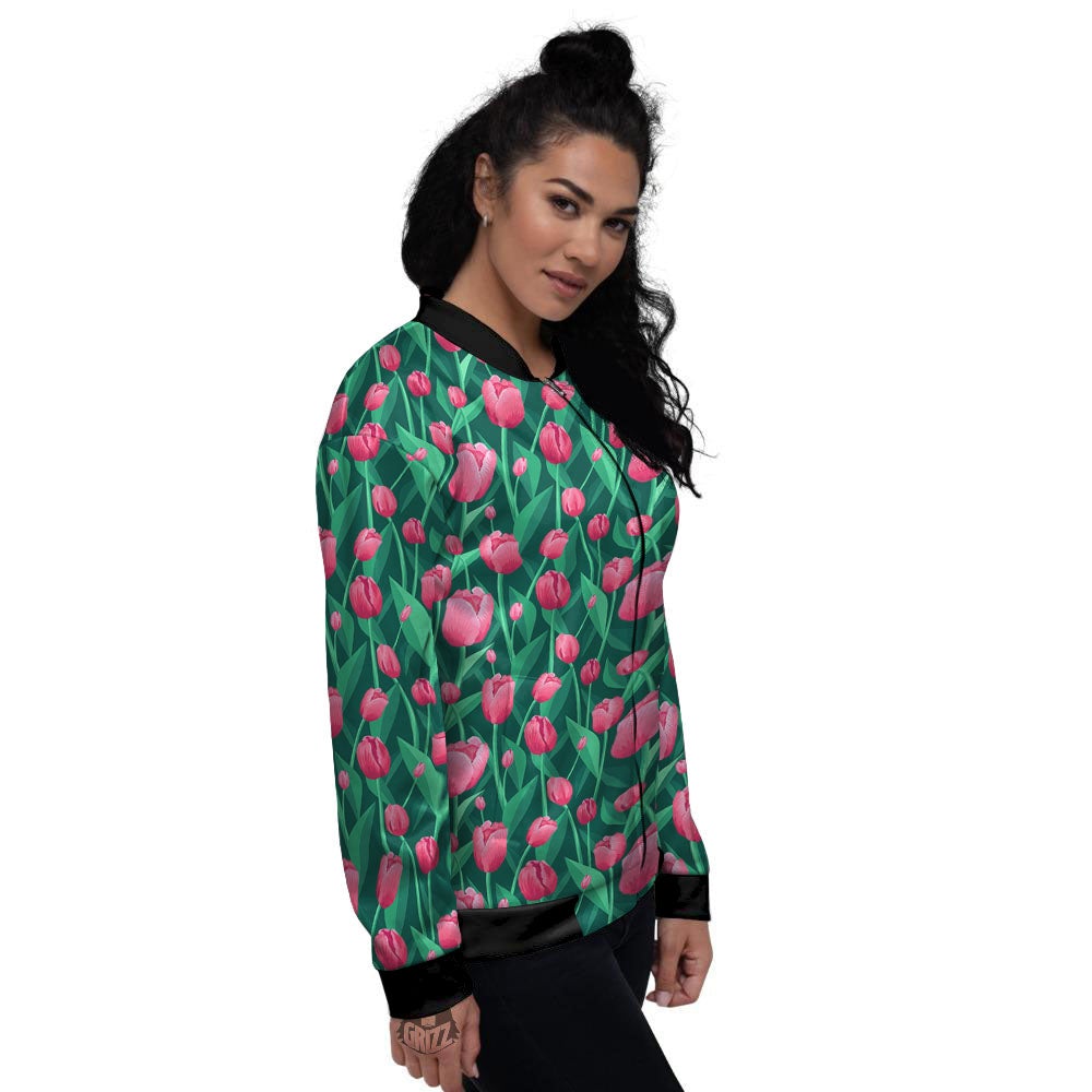 Tulip Pink Print Pattern Women's Bomber Jacket-grizzshop