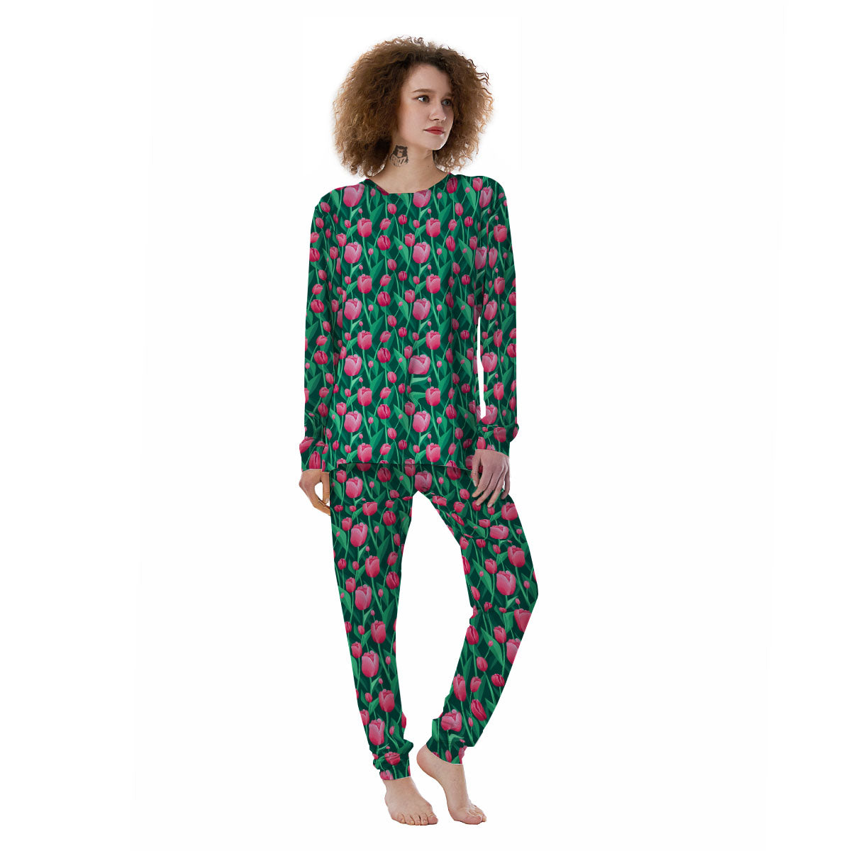 Tulip Pink Print Pattern Women's Pajamas-grizzshop