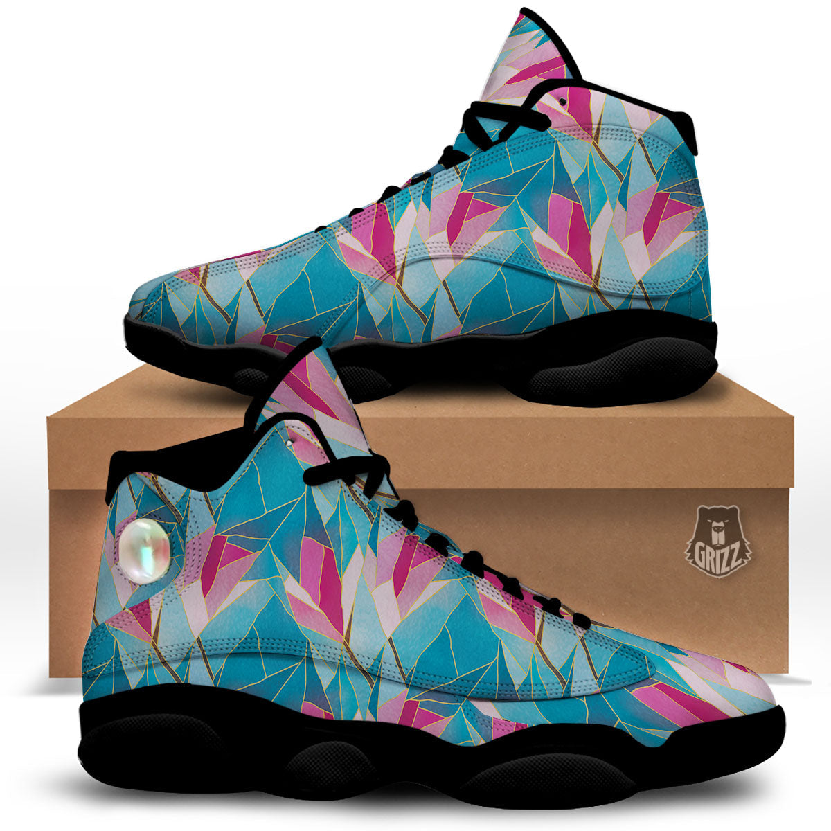 Tulip Polygon Print Pattern Black Basketball Shoes-grizzshop