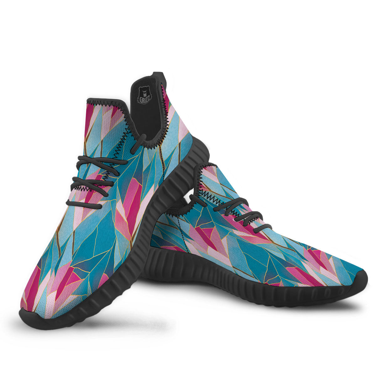 Tulip Polygon Print Pattern Black Walking Shoes-grizzshop