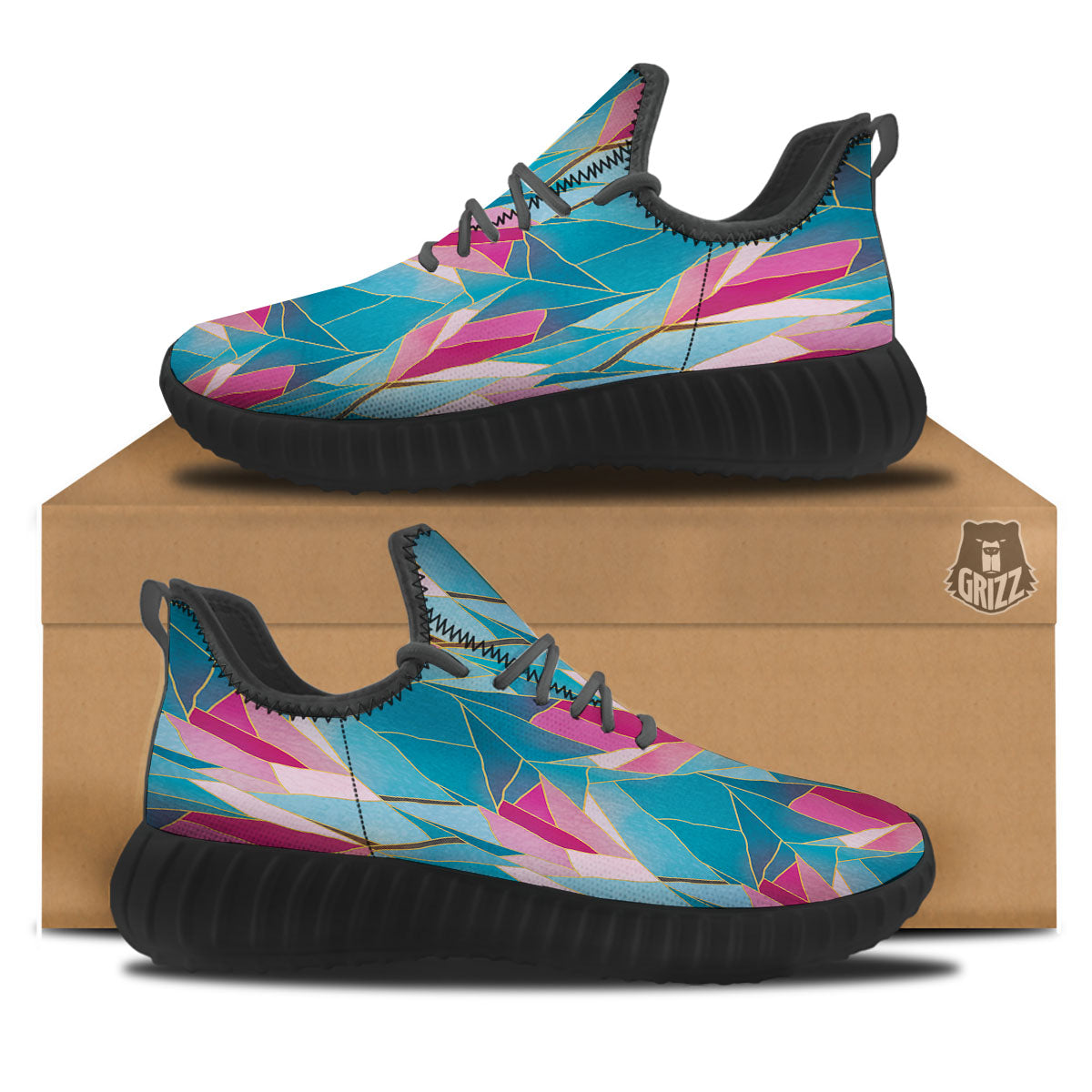 Tulip Polygon Print Pattern Black Walking Shoes-grizzshop