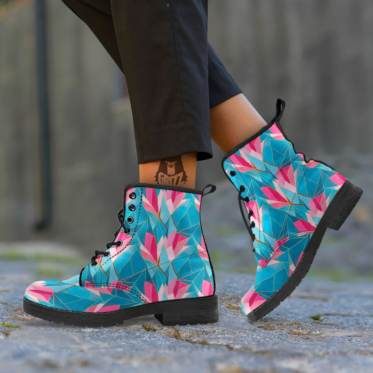 Tulip Polygon Print Pattern Leather Boots-grizzshop