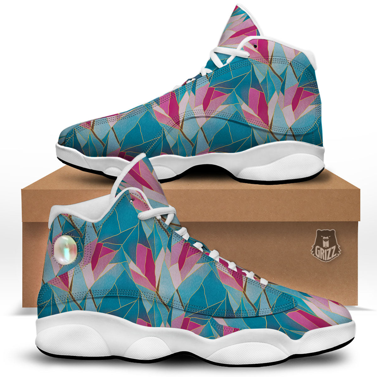 Tulip Polygon Print Pattern White Basketball Shoes-grizzshop