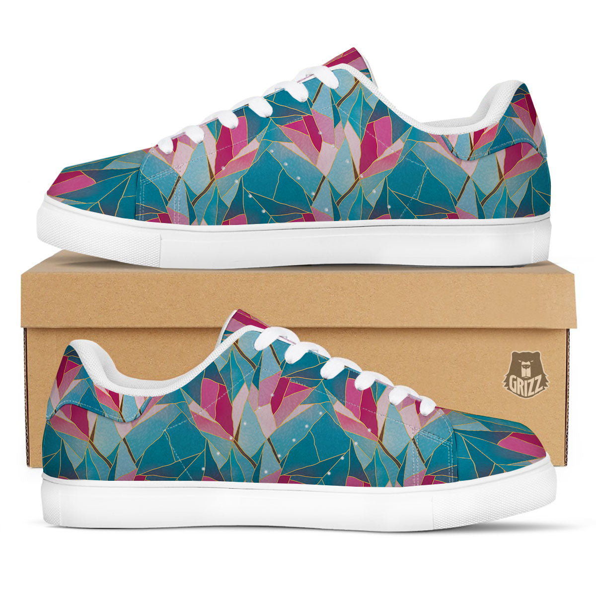 Tulip Polygon Print Pattern White Low Top Sneakers-grizzshop