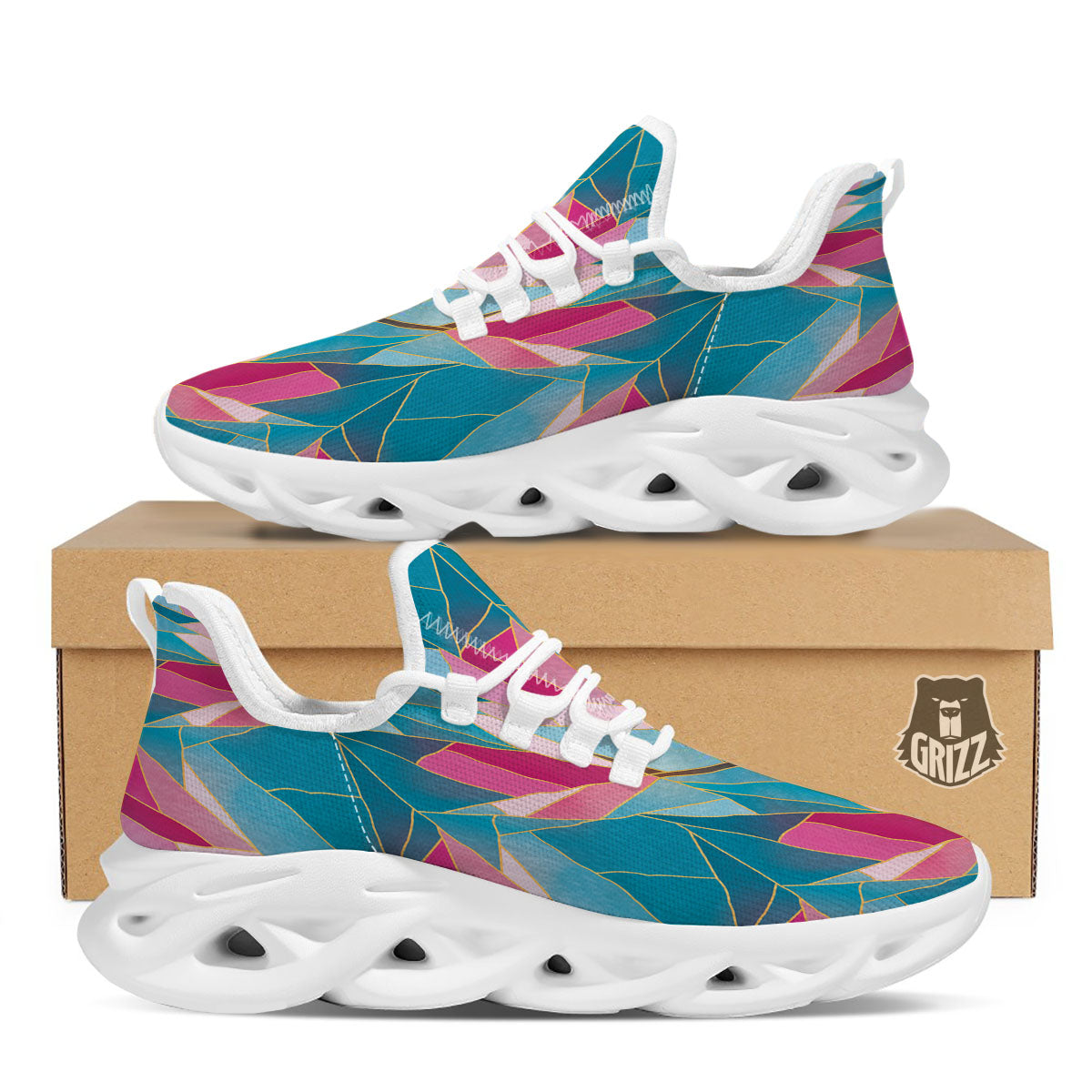 Tulip Polygon Print Pattern White Running Shoes-grizzshop