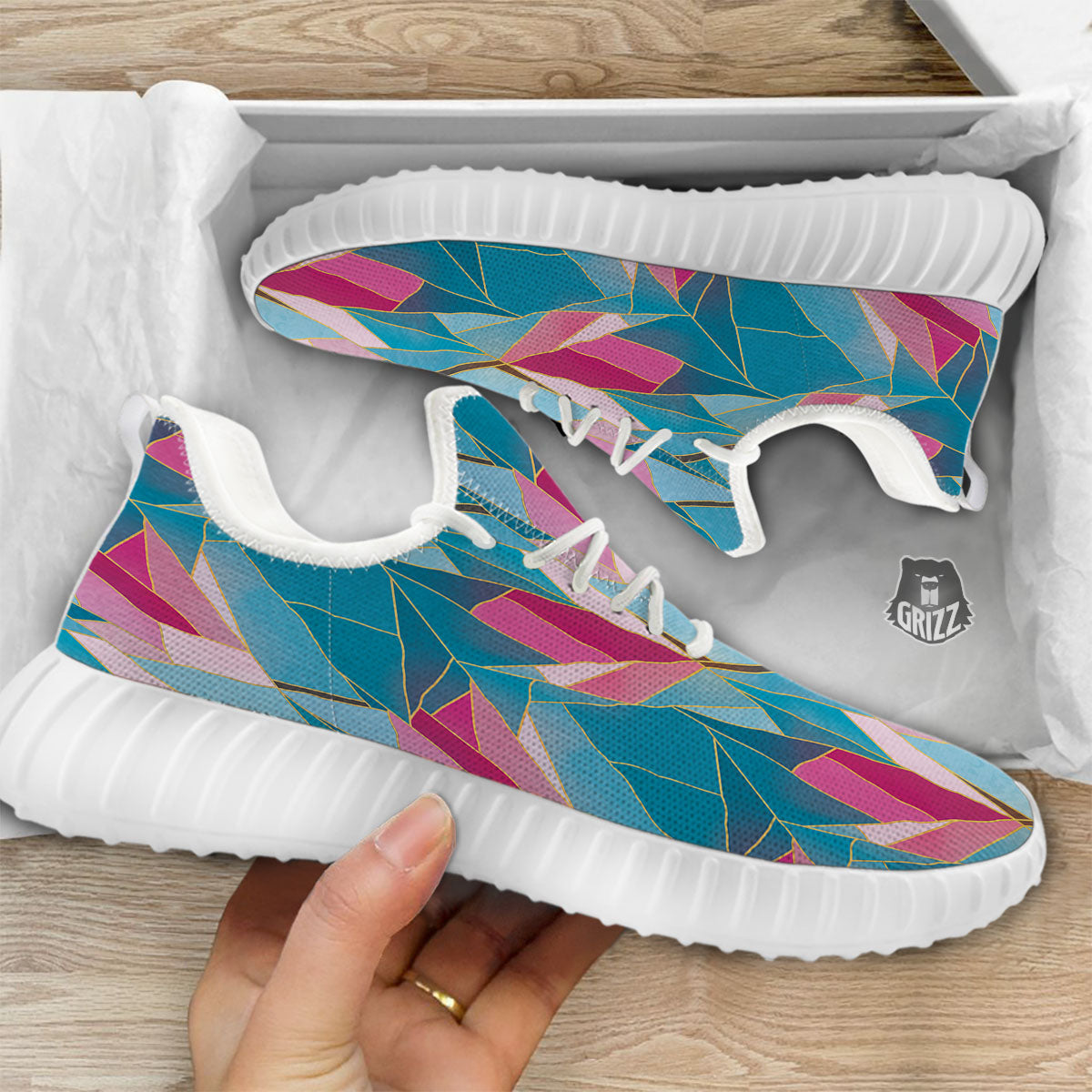 Tulip Polygon Print Pattern White Walking Shoes-grizzshop