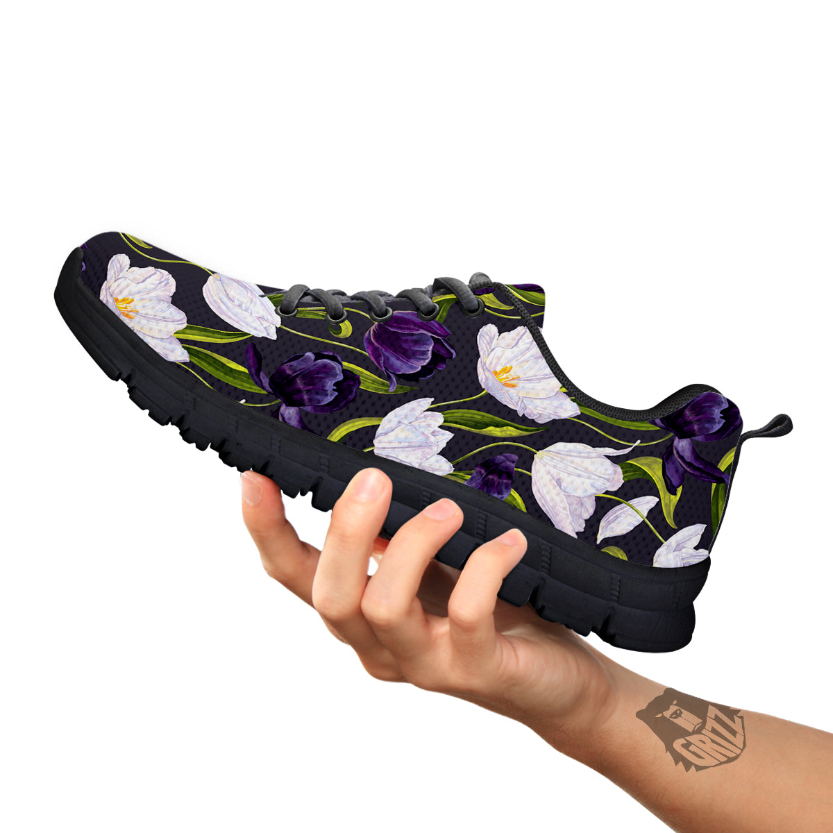 Tulip Purple And White Print Pattern Black Sneaker-grizzshop