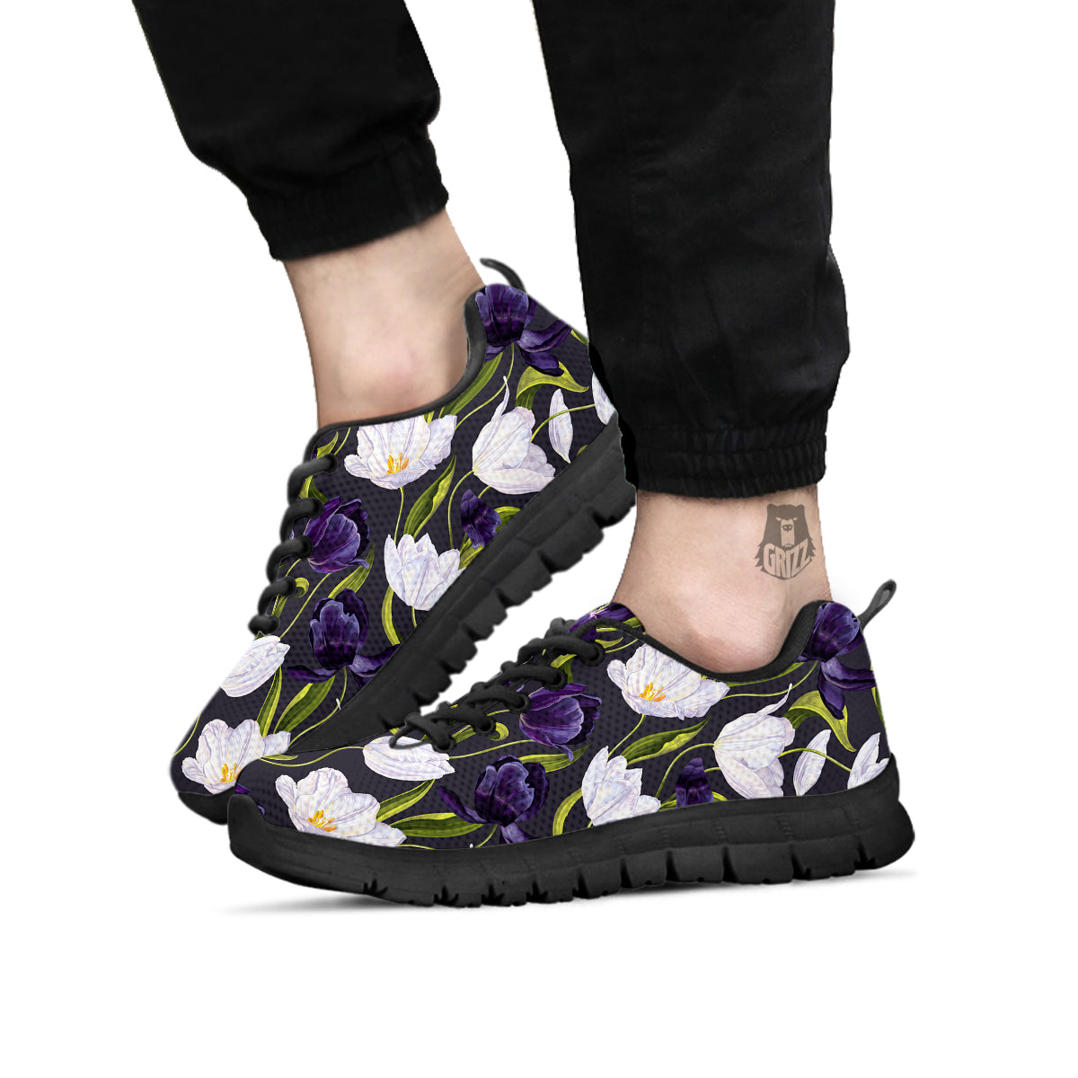 Tulip Purple And White Print Pattern Black Sneaker-grizzshop