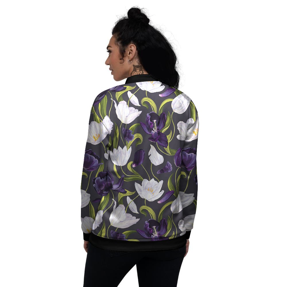 Tulip Purple And White Print Pattern Women's Bomber Jacket-grizzshop