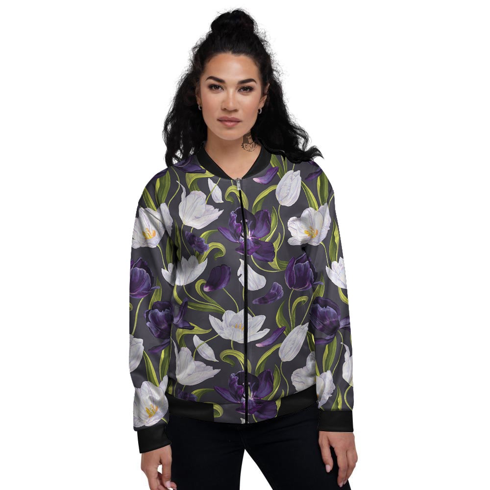 Tulip Purple And White Print Pattern Women's Bomber Jacket-grizzshop