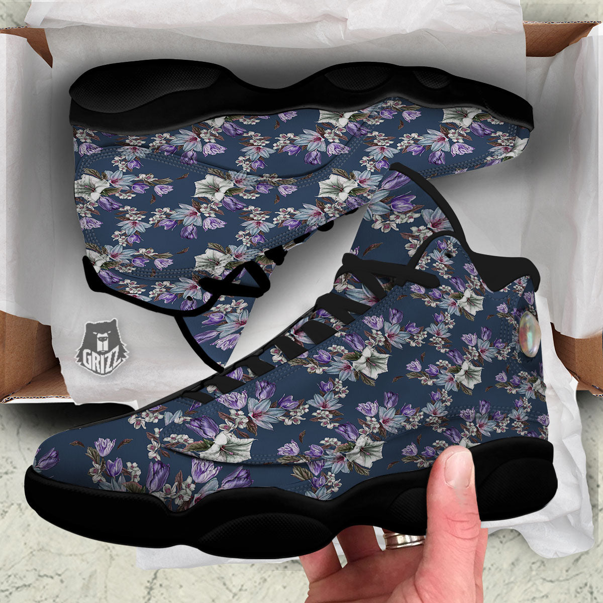 Tulip Purple Watercolor Print Pattern Black Basketball Shoes-grizzshop