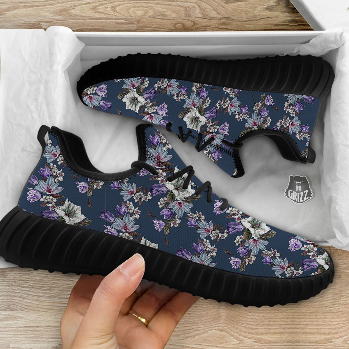 Tulip Purple Watercolor Print Pattern Black Walking Shoes-grizzshop