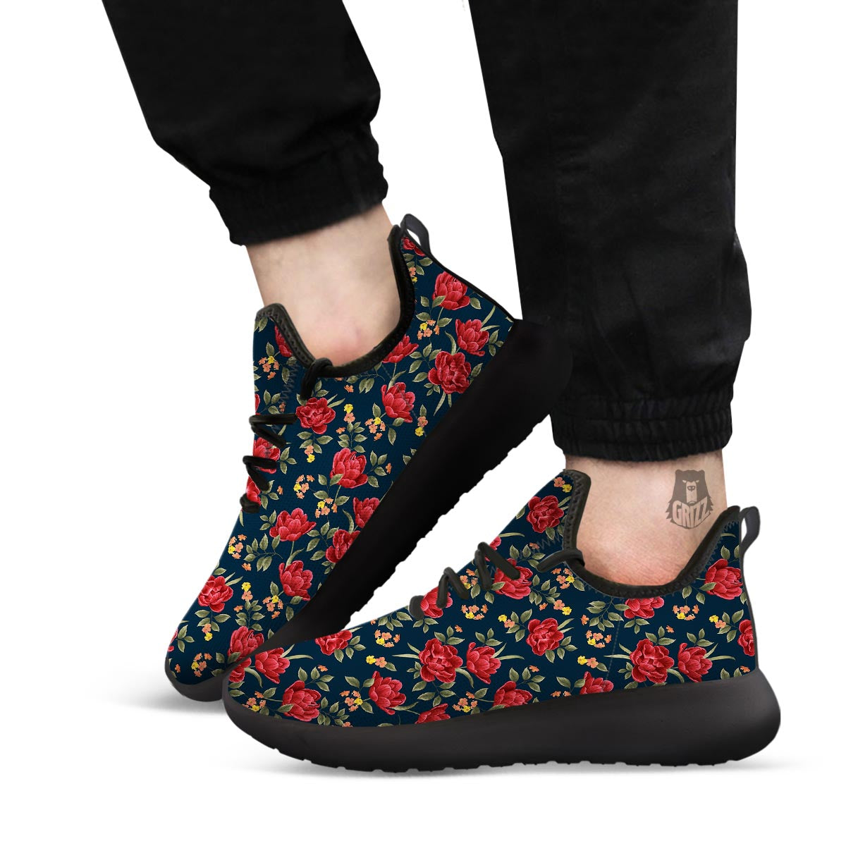 Tulip Red Print Pattern Black Athletic Shoes-grizzshop