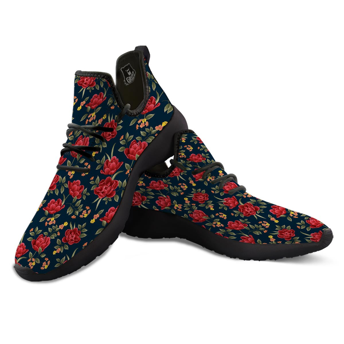 Tulip Red Print Pattern Black Athletic Shoes-grizzshop