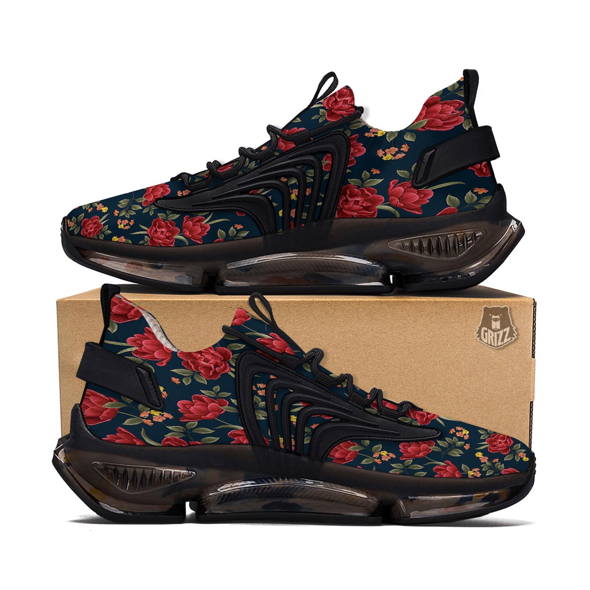 Tulip Red Print Pattern Black Gym Shoes-grizzshop