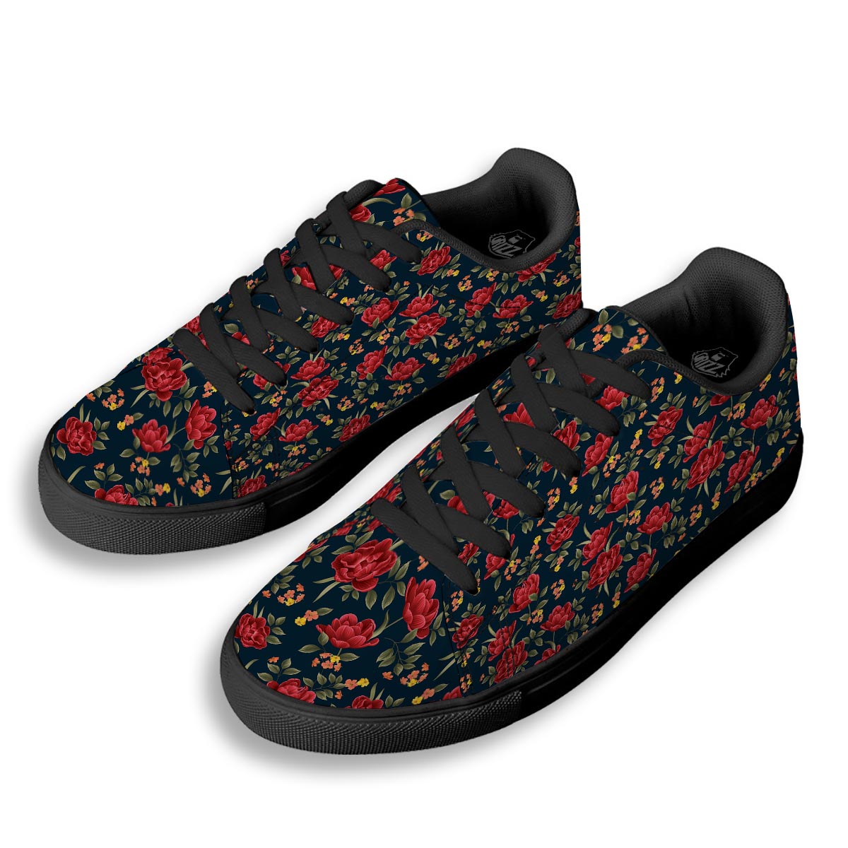 Tulip Red Print Pattern Black Low Top Sneakers-grizzshop