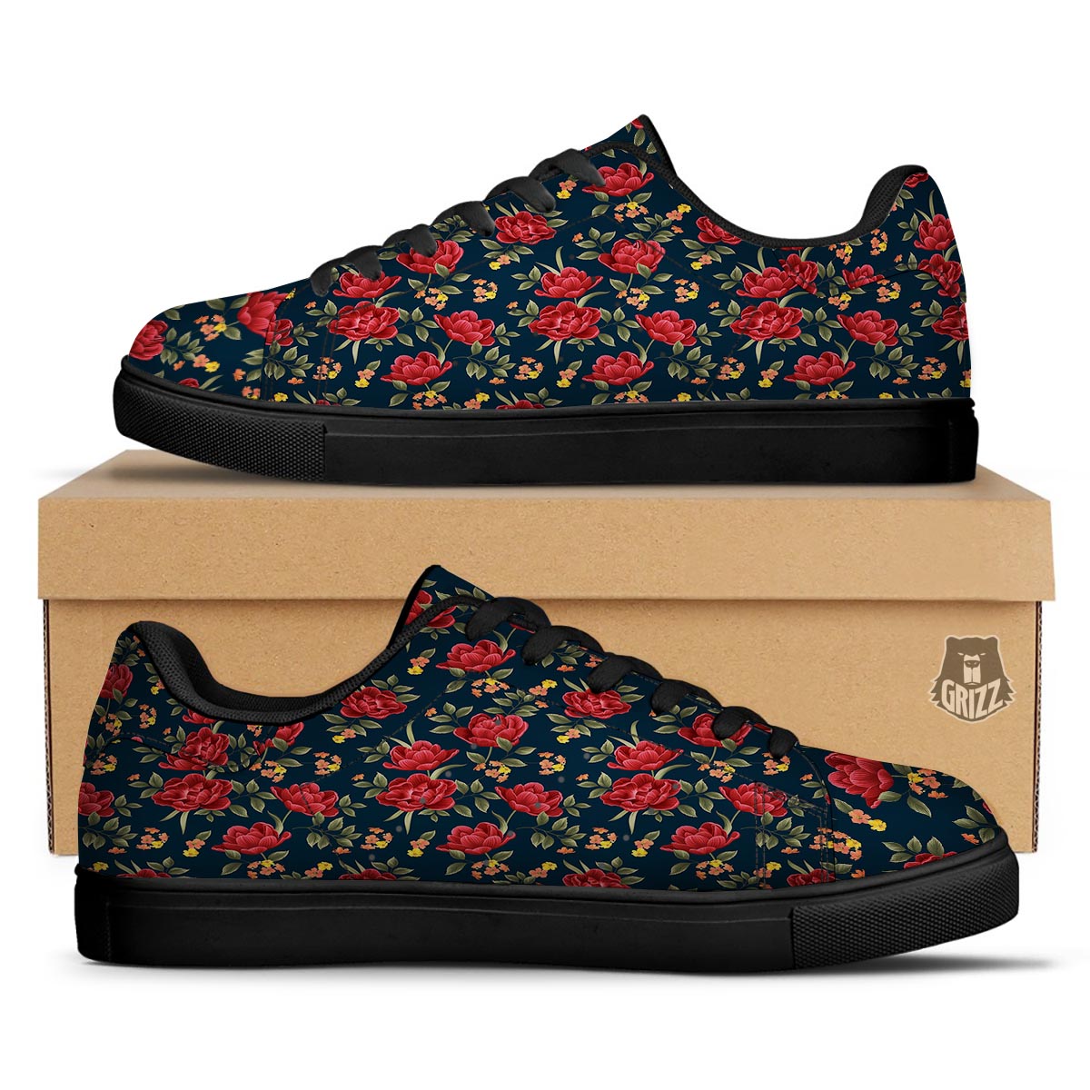 Tulip Red Print Pattern Black Low Top Sneakers-grizzshop