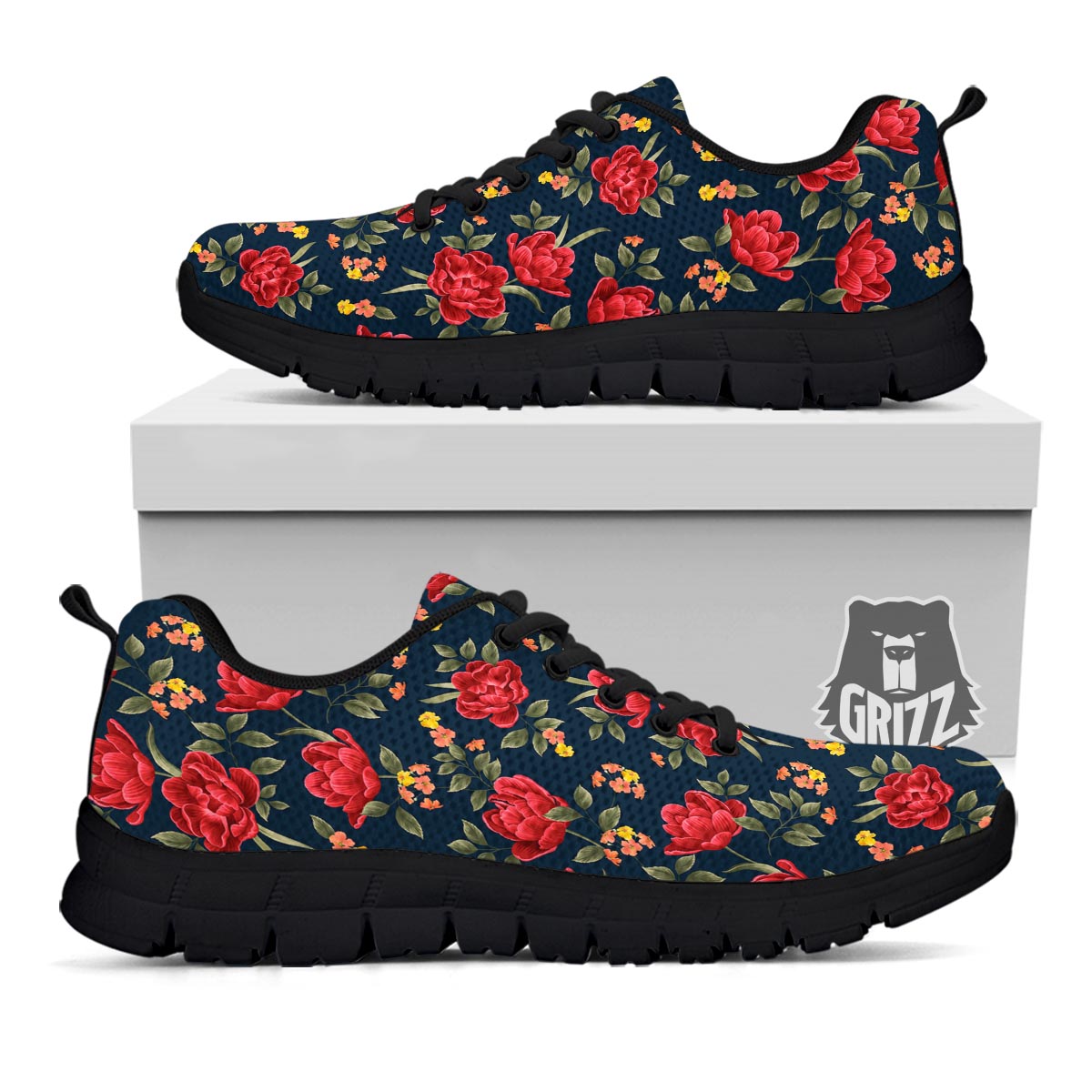 Tulip Red Print Pattern Black Sneaker-grizzshop