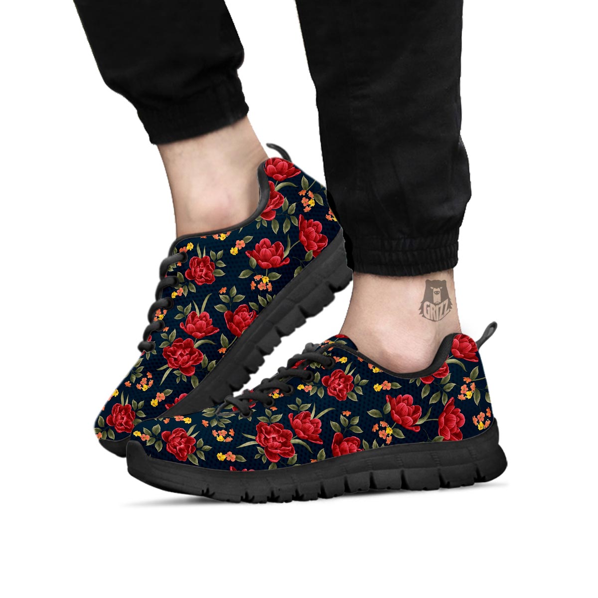 Tulip Red Print Pattern Black Sneaker-grizzshop