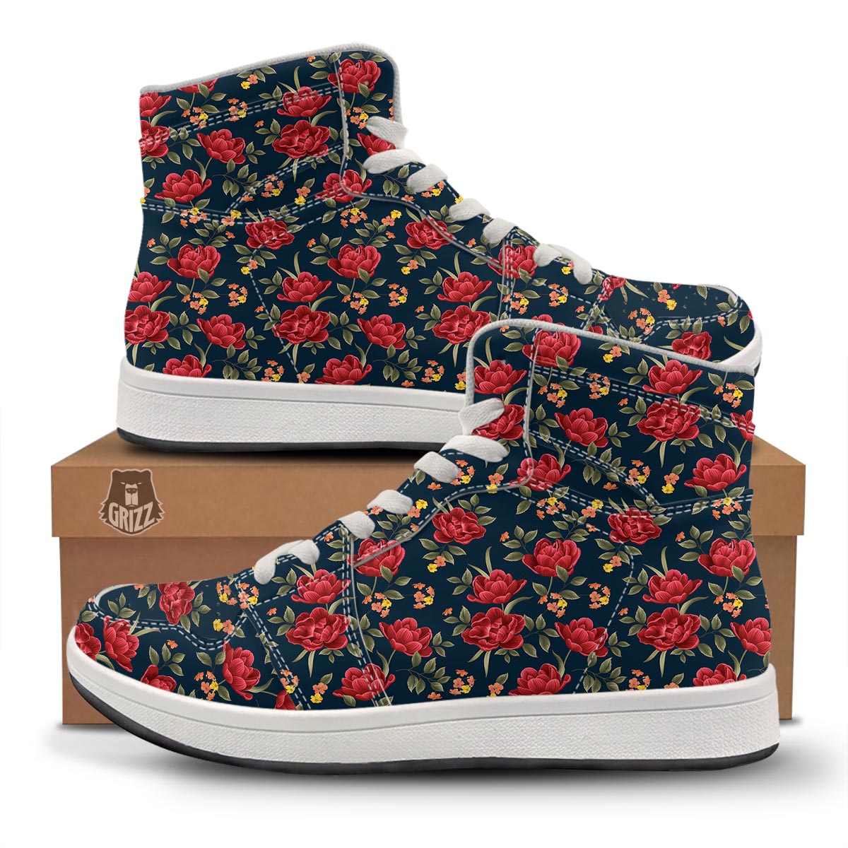 Tulip Red Print Pattern High Top Sneakers-grizzshop