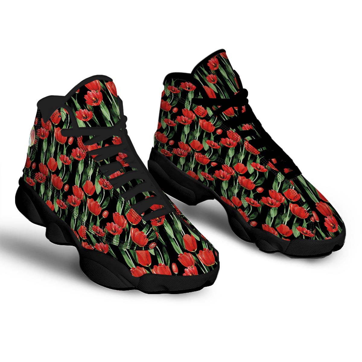 Tulip Red Watercolor Print Pattern Black Basketball Shoes-grizzshop